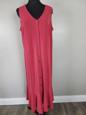 Susan Graver XL Liquid Knit Sleeveless Midi Red Pink Dress Button Front Travel